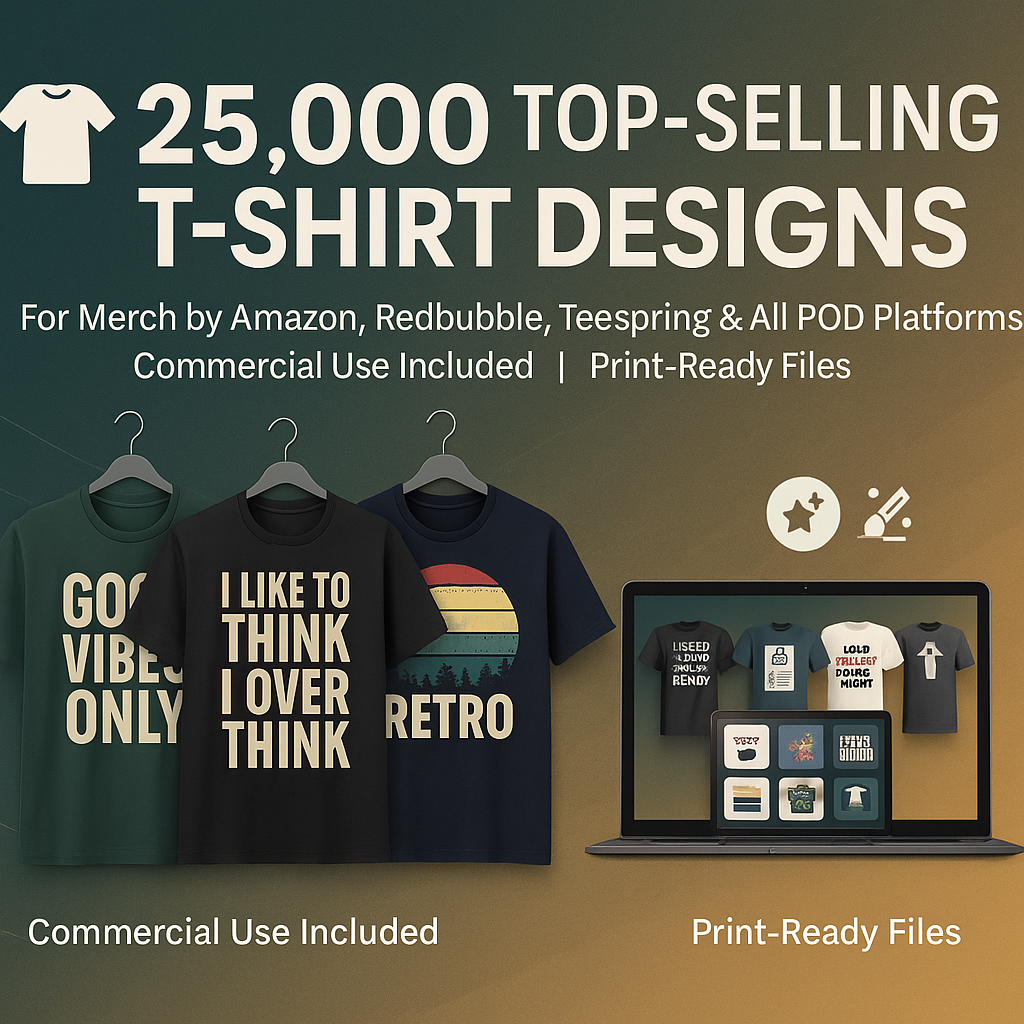 25,000 Top Selling Tshirt Designs for Merch by Amazon & POD Platforms 25,000 Top Selling Tshirt Designs for Merch by Amazon & POD Platforms