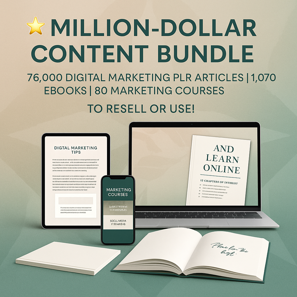 Million-Dollar Content Bundle: 76,000 Digital Marketing PLR Articles, 1,070 eBooks, 80 Marketing Courses to Resell or Use! Million-Dollar Content Bundle: 76,000 Digital Marketing PLR Articles, 1,070 eBooks, 80 Marketing Courses to Resell or Use!